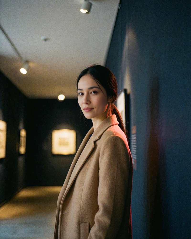 Kazakh member in a camel wool coat standing in a dimly lit modern gallery corridor
