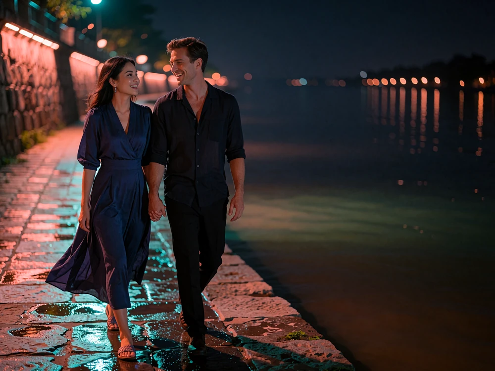 Couple walking hand in hand along an illuminated riverside walkway at night, laughing together