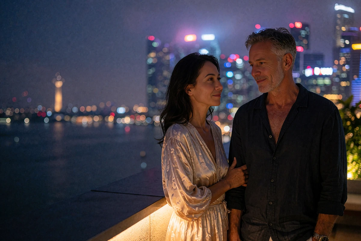 Couple standing together at a rooftop terrace rail at night in quiet conversation after meeting through a Singaporean dating site