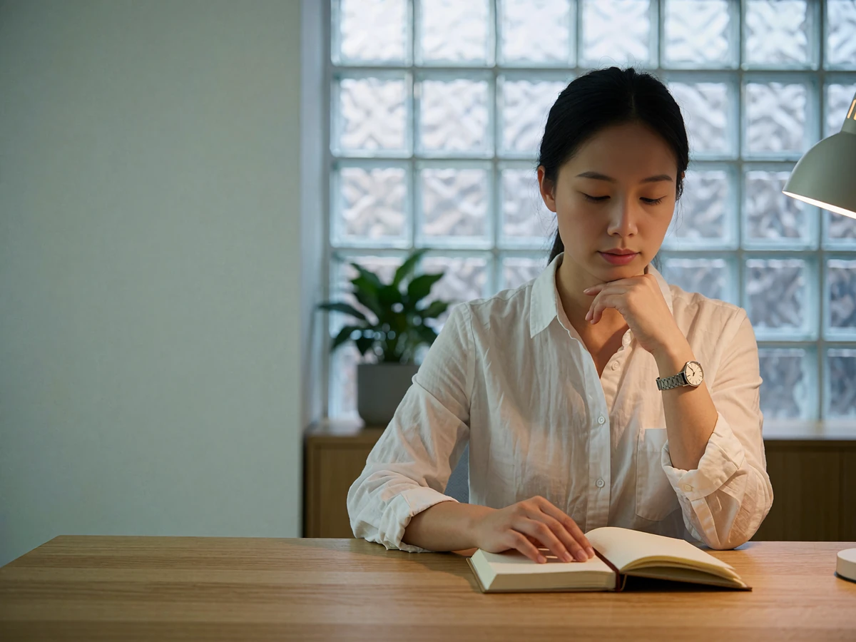 Focused Asian woman reviewing a closed notebook at a modern office desk, representing careful review of personal data and privacy settings