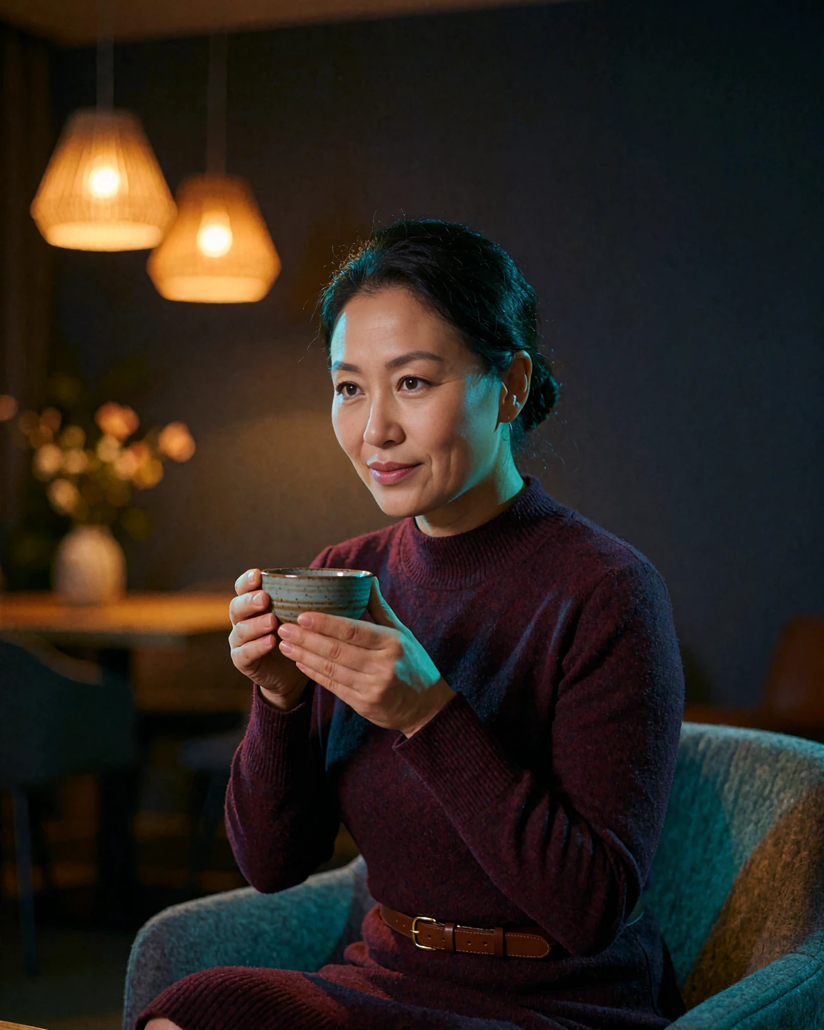 Poised Mongolian woman in a burgundy knit dress holding a ceramic tea cup in a warm contemporary tea house