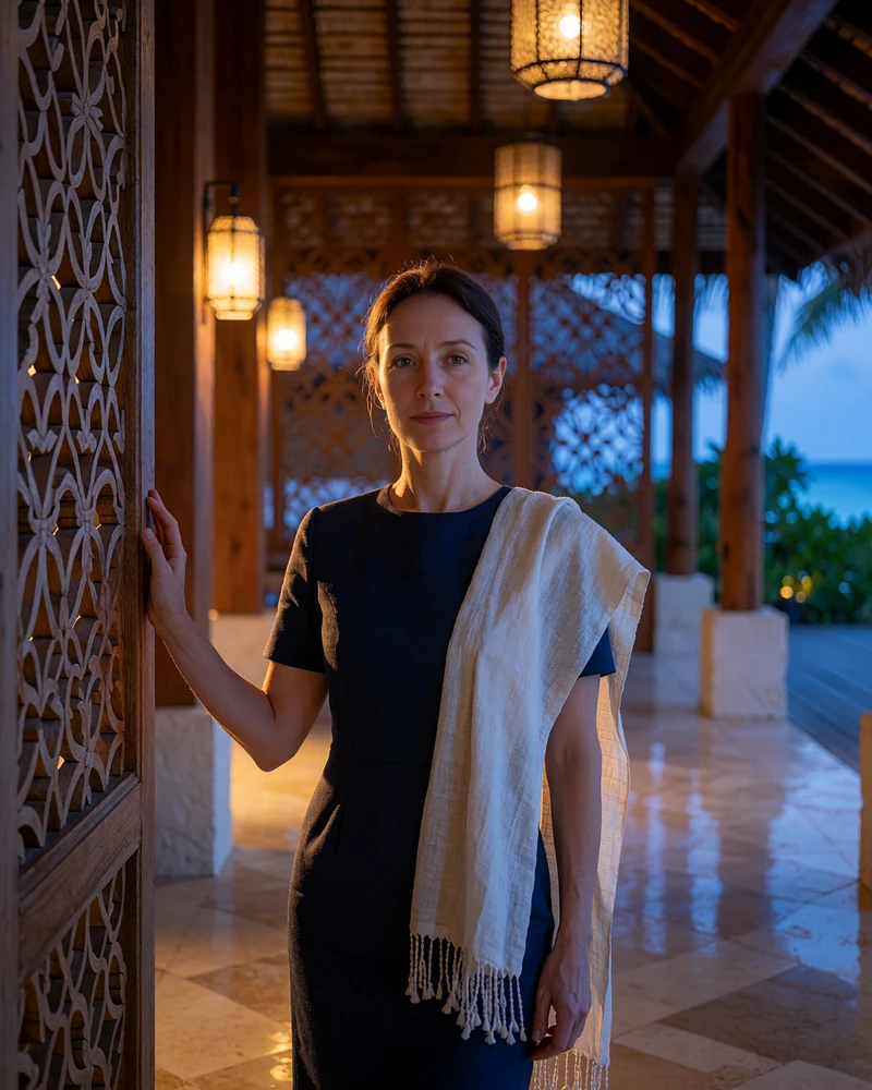 Maldivian member in a tailored navy dress in an open-air resort lobby