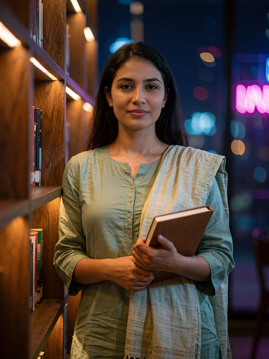 Pakistani member in a sage kurta standing beside tall wooden shelving in a softly lit reading room