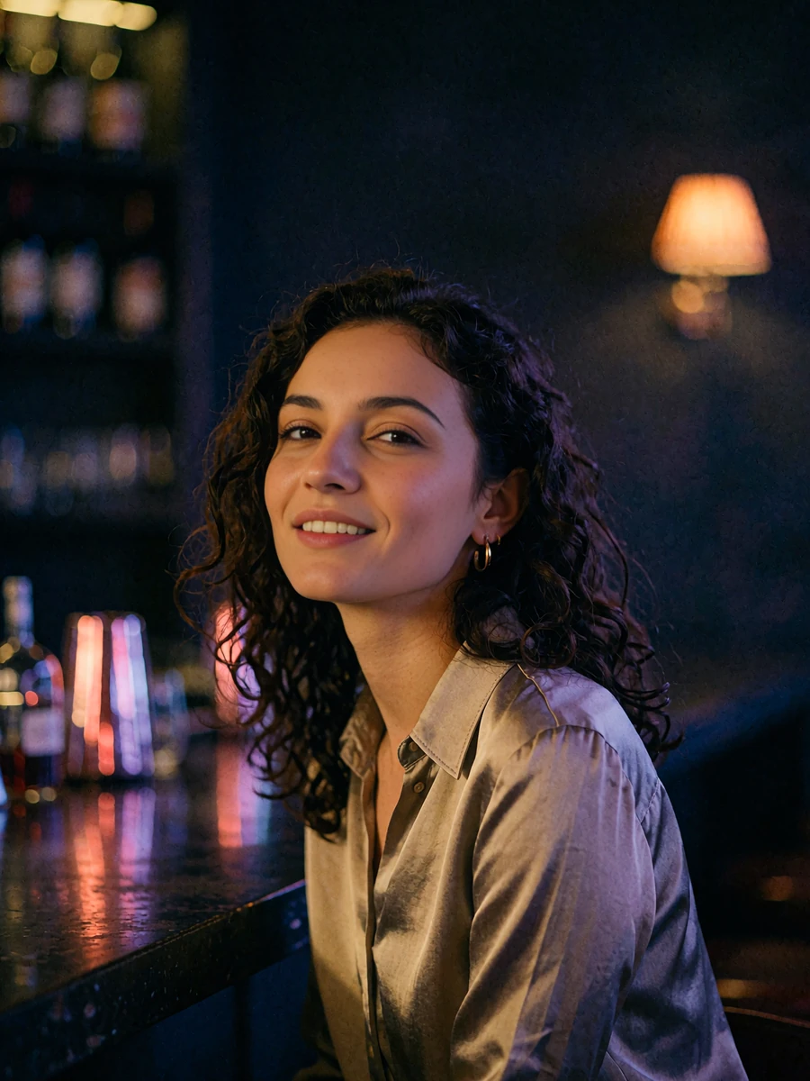 Armenian member with curly dark hair seated at a dim wine bar counter, smiling toward the camera