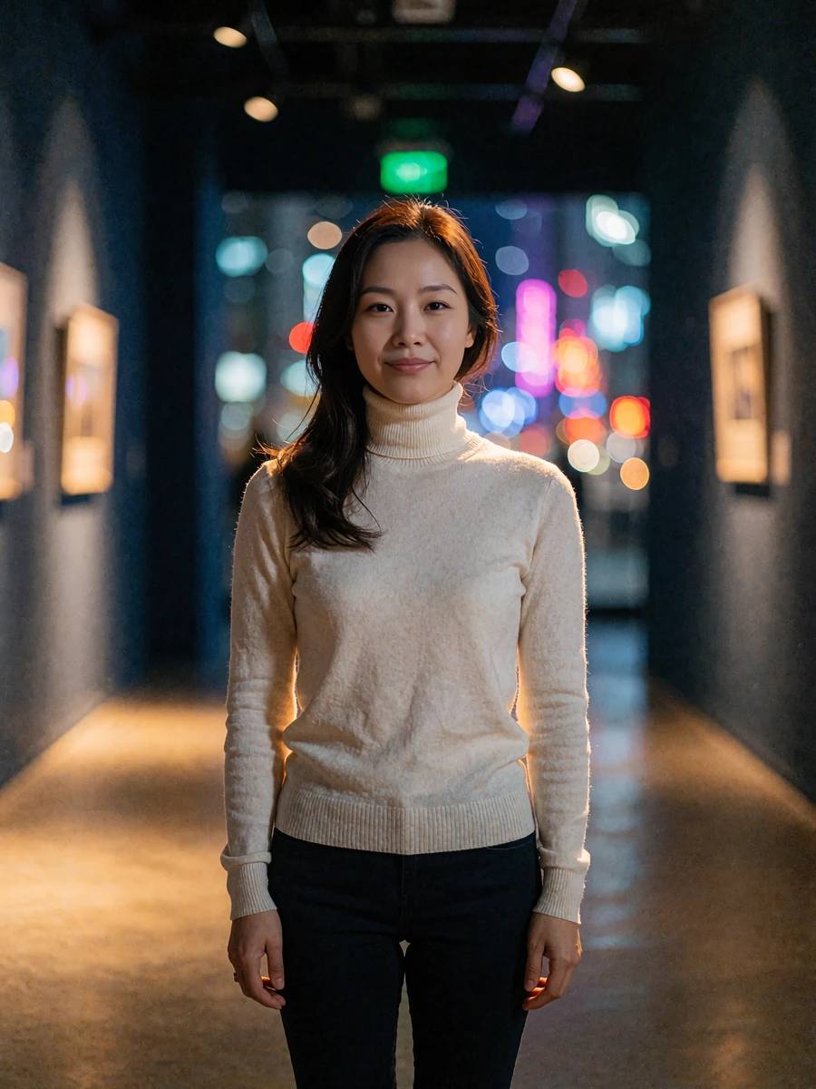 Korean member in a cream turtleneck standing in a softly lit gallery corridor in Seoul