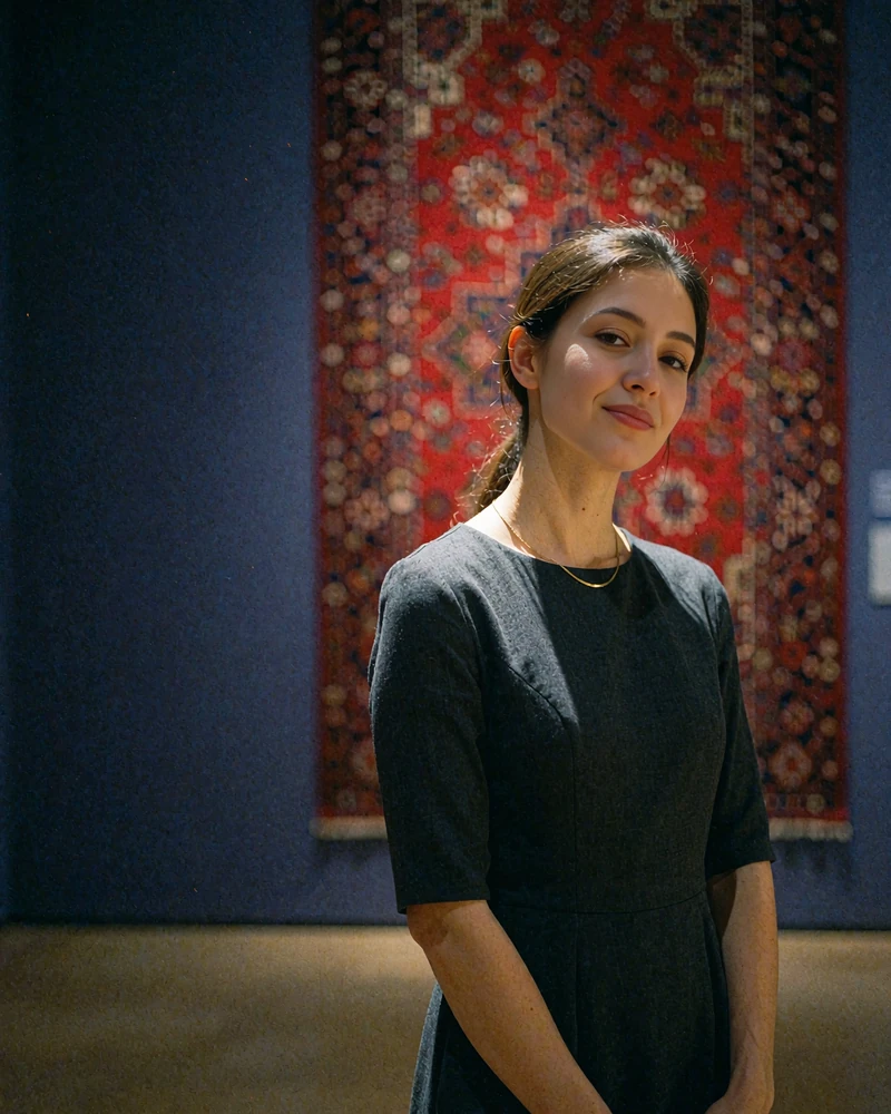 Turkmen member in a charcoal dress standing in a museum hall beside a woven carpet
