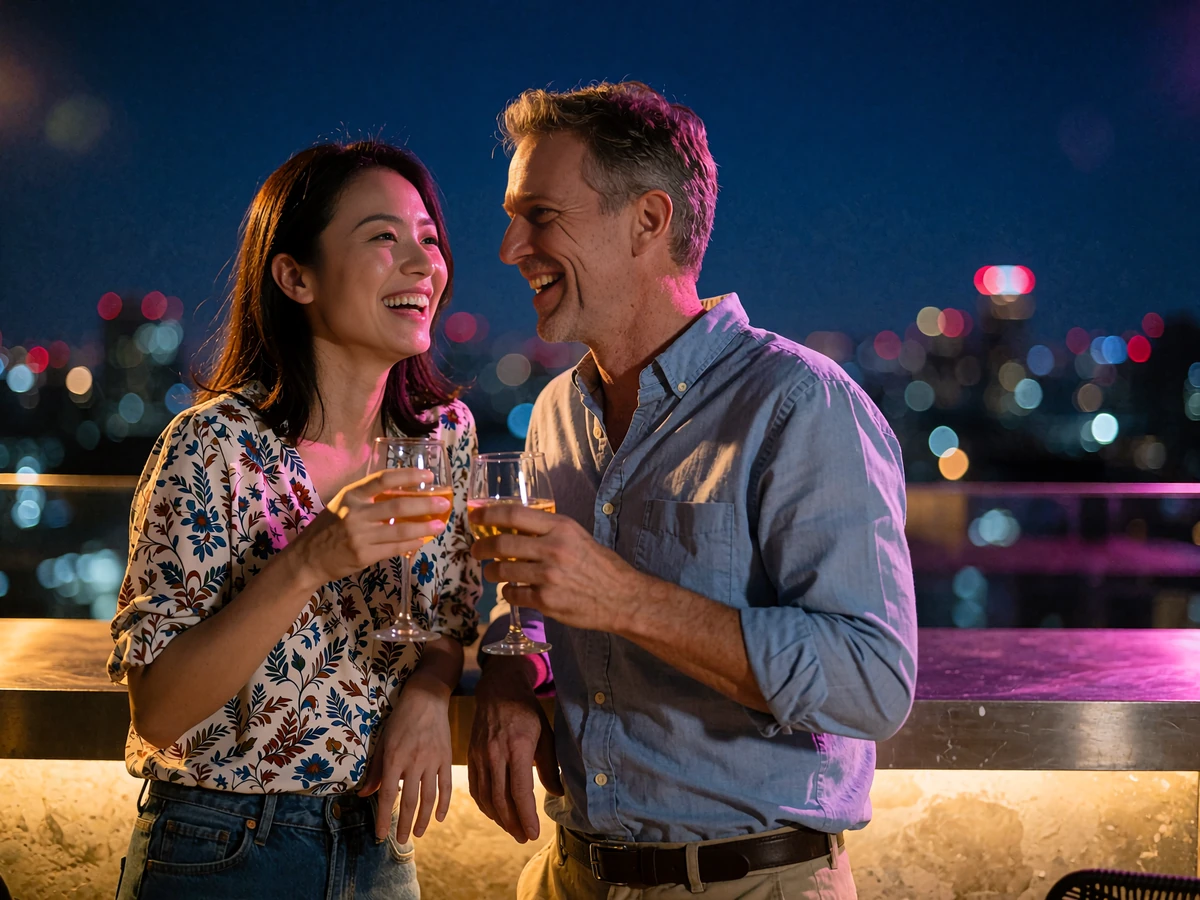 Taiwanese woman and Western man sharing a laugh at a rooftop bar overlooking the Taipei skyline at night