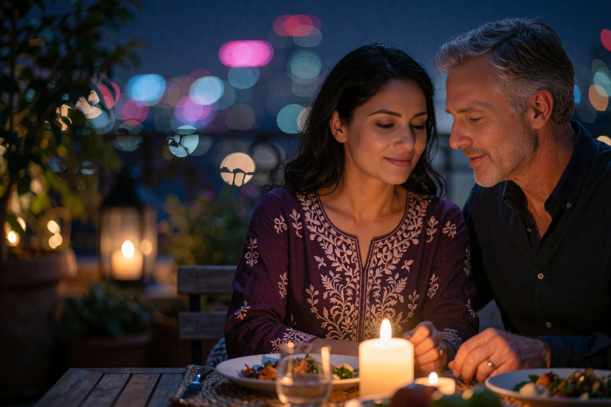 Couple leaning toward each other in quiet conversation at a candlelit outdoor dinner table after meeting through a Pakistani dating app