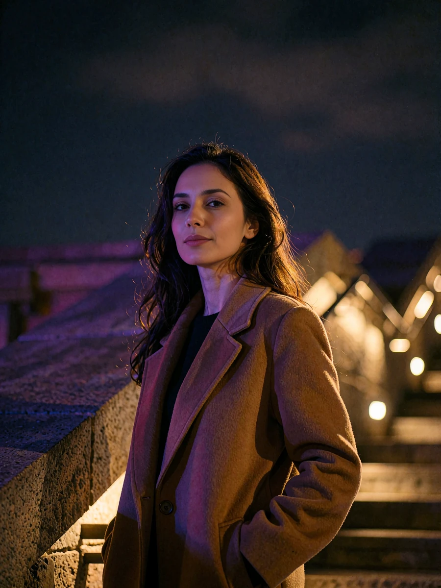 Armenian member in a camel coat standing on illuminated stone stairs at night, looking back over her shoulder