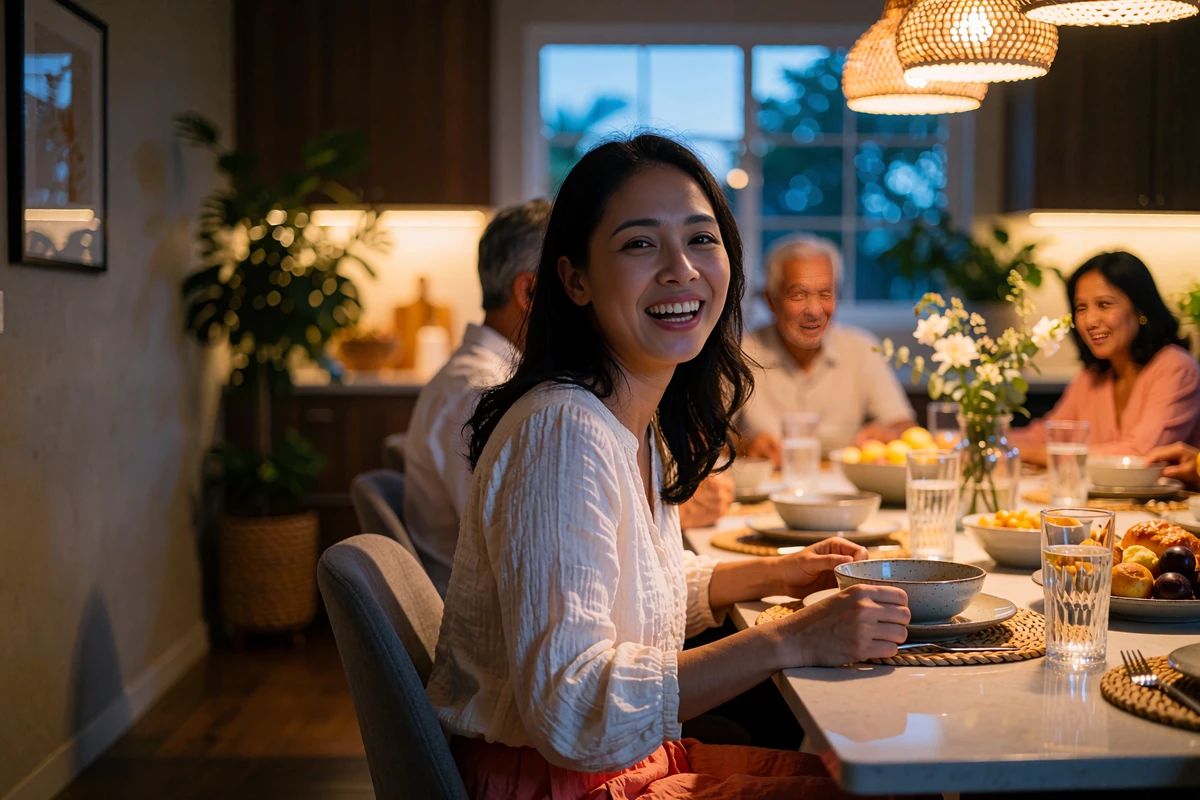 Filipina woman laughing mid-conversation at a warmly lit family dinner table, illustrating the family-centered nature of Filipino dating culture