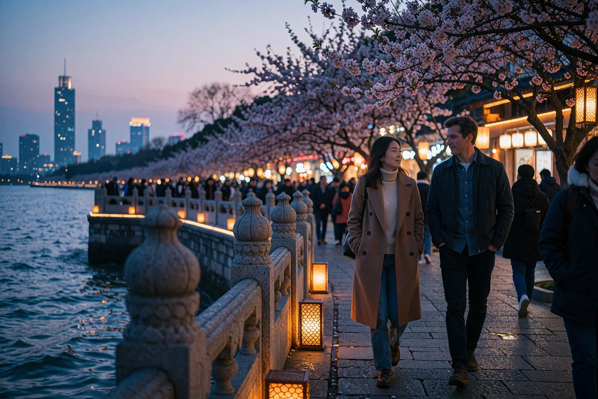 Asian woman and Western man walking together along a busy riverside promenade at dusk during a first meeting
