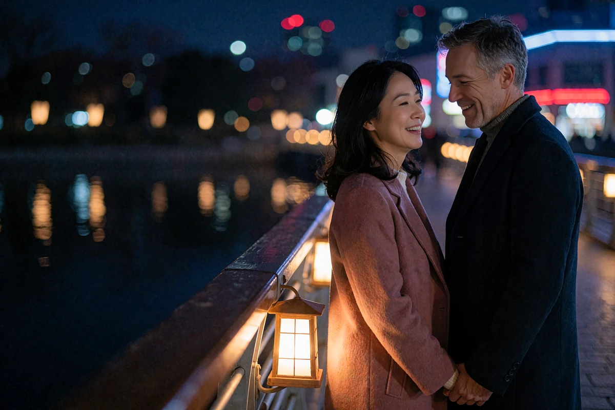 Couple holding hands and laughing on a lantern-lit pedestrian bridge at night after meeting through a Korean dating site