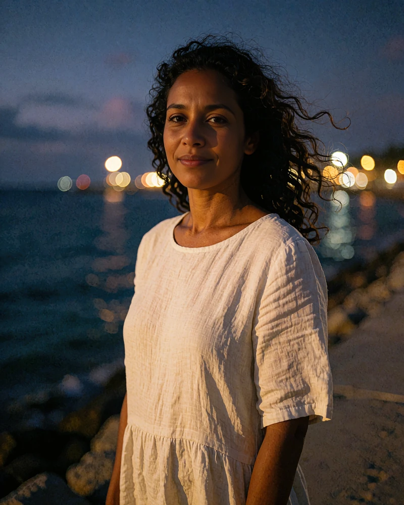 Timorese member in an ivory linen dress walking along a seafront promenade at blue hour