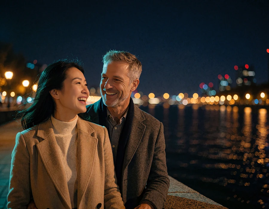 Couple laughing together on a riverside promenade at night after meeting through an Asian dating platform
