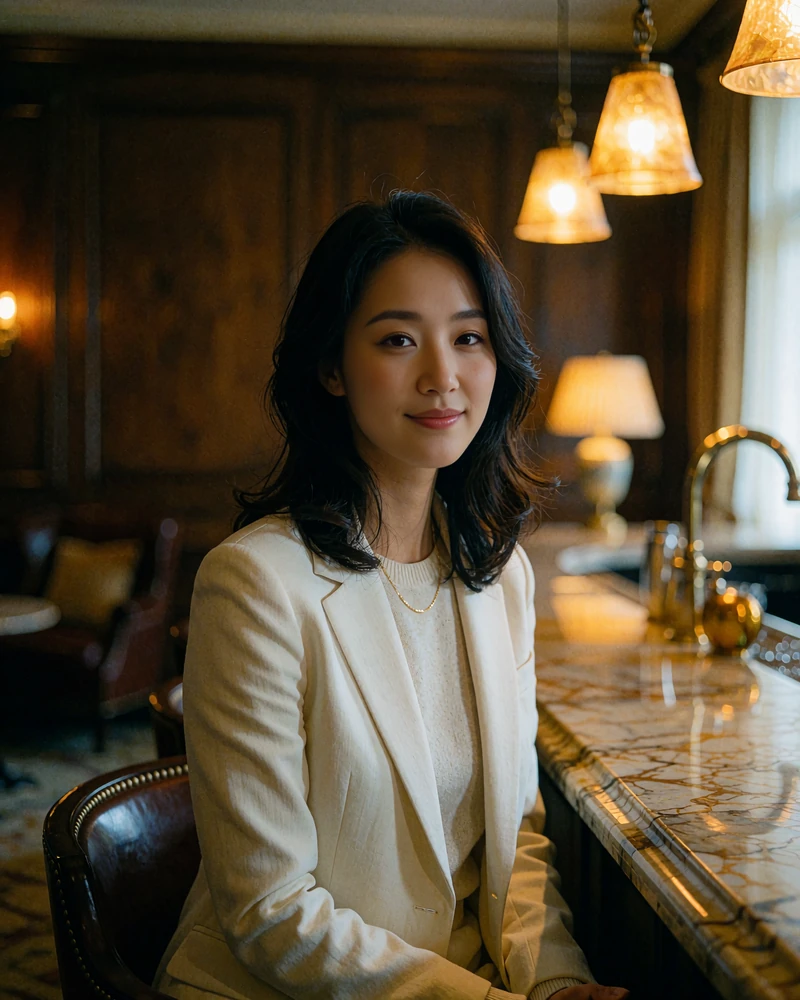Poised Korean woman in an ivory blazer at a hotel bar counter, illustrating a verified member profile
