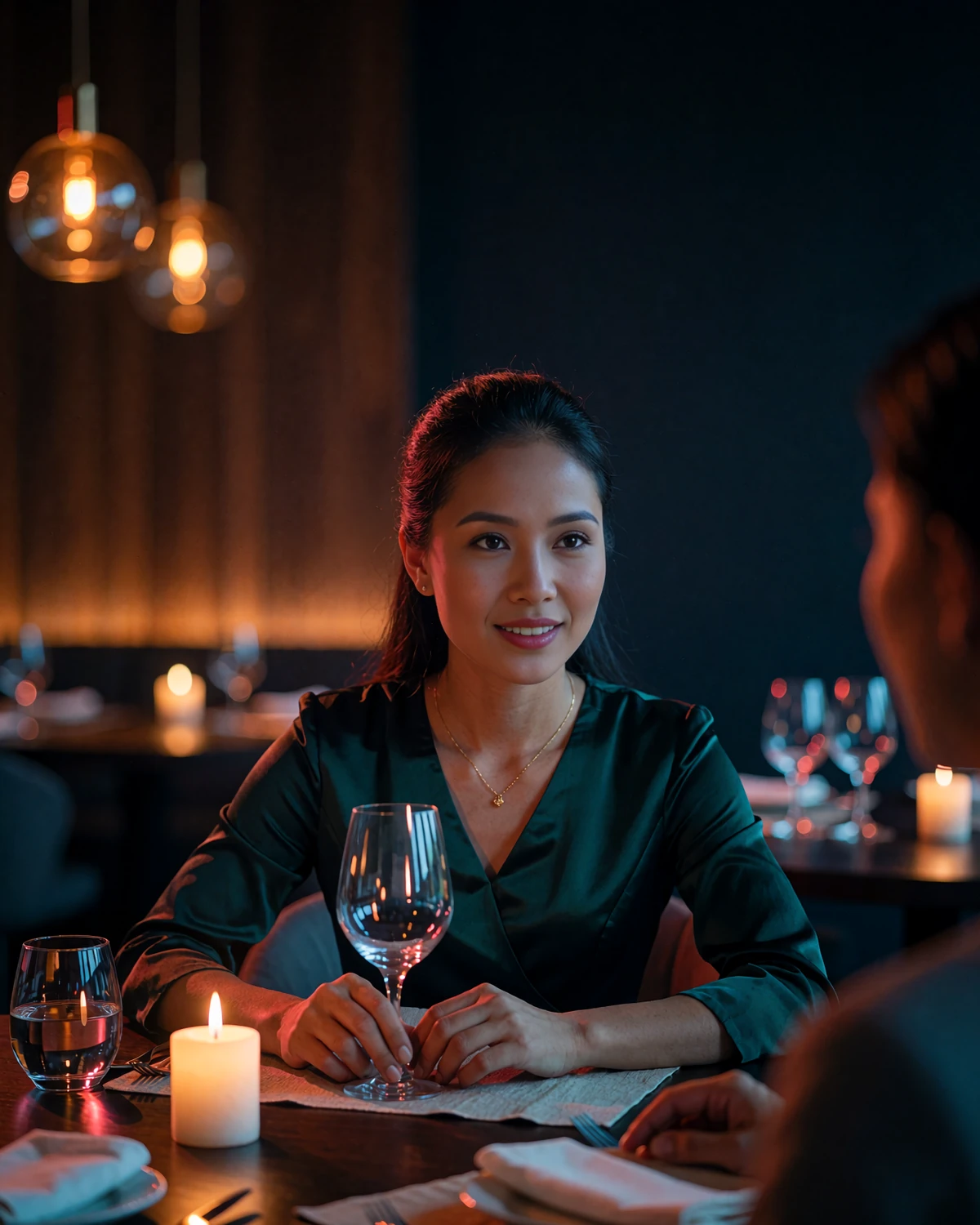 Poised Laotian woman in an emerald silk dress at a candle-lit restaurant table, listening attentively during a dinner conversation