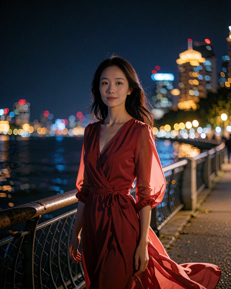 Graceful Chinese member in a deep red wrap dress standing on a riverside promenade at night