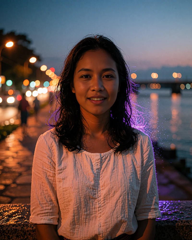 Cambodian woman in her mid twenties standing on a riverside walkway at blue hour in Phnom Penh