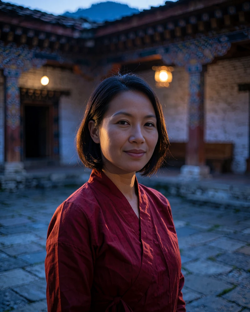 Bhutanese member in a deep red wrap top standing in a quiet stone courtyard