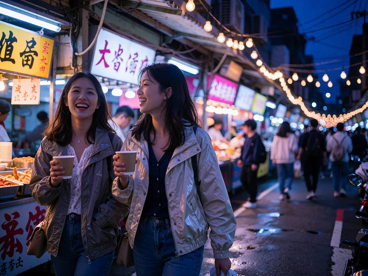Two Taiwanese women laughing while walking through a lively night market lane in Taipei, illustrating casual Taiwanese dating culture
