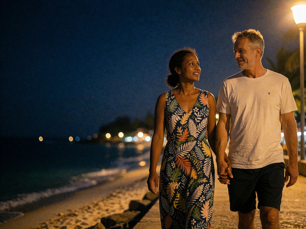 Timorese woman and Western man walking hand in hand along a lamplit beach promenade at night in conversation