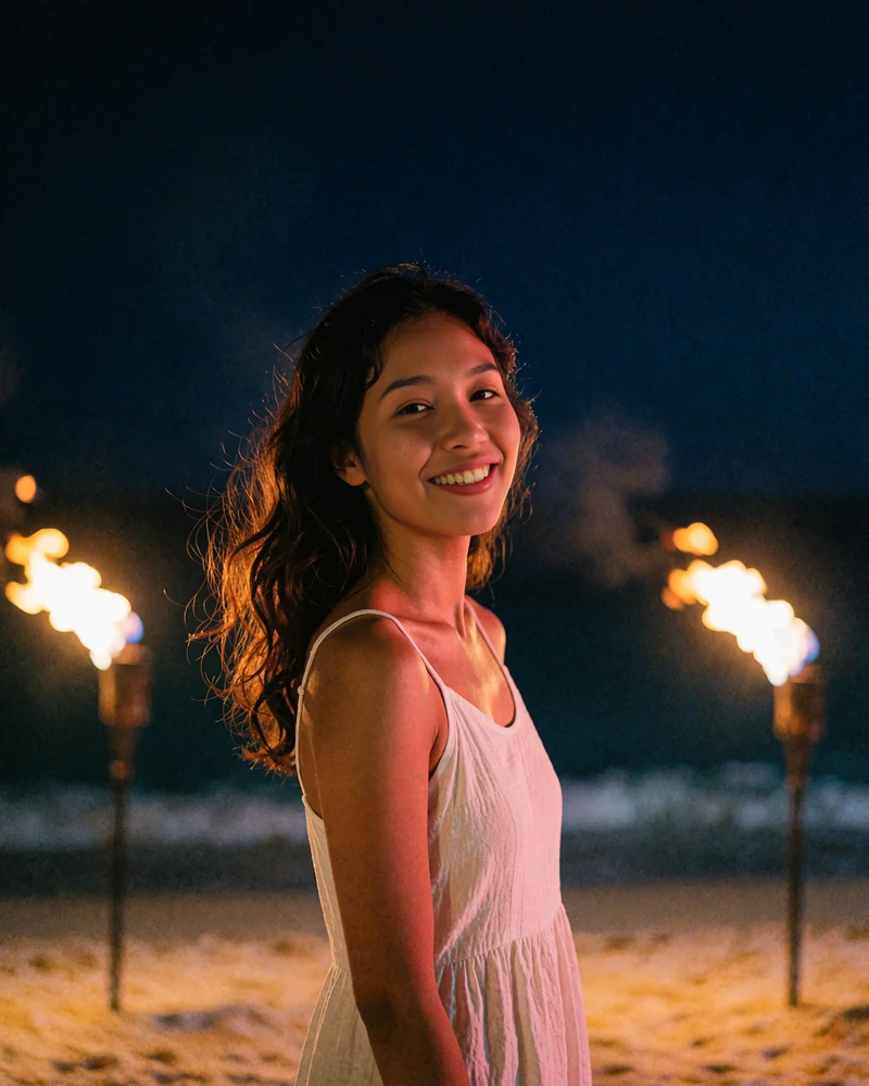 Indonesian member in a white sundress smiling at an open-air beach club after sunset