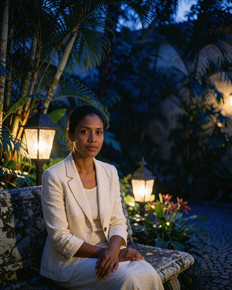 Timorese member in a tailored cream jacket seated on a stone bench in a lantern-lit courtyard