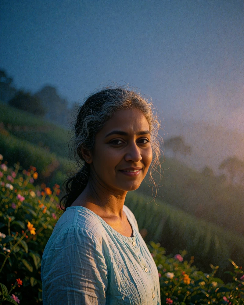 Sri Lankan member in a pale blue blouse on a misty hillside tea garden at dusk