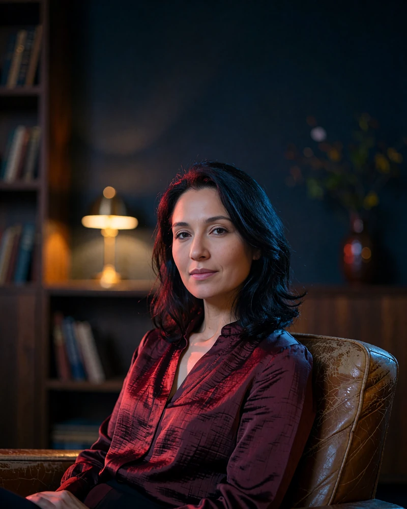 Kazakh member in a burgundy blouse seated in a leather armchair inside a reading lounge