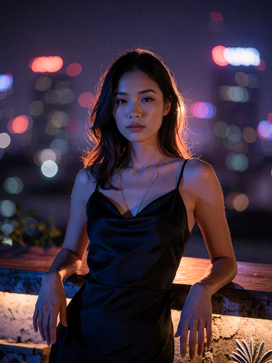 Vietnamese member in a black silk dress at a rooftop bar overlooking city lights at night