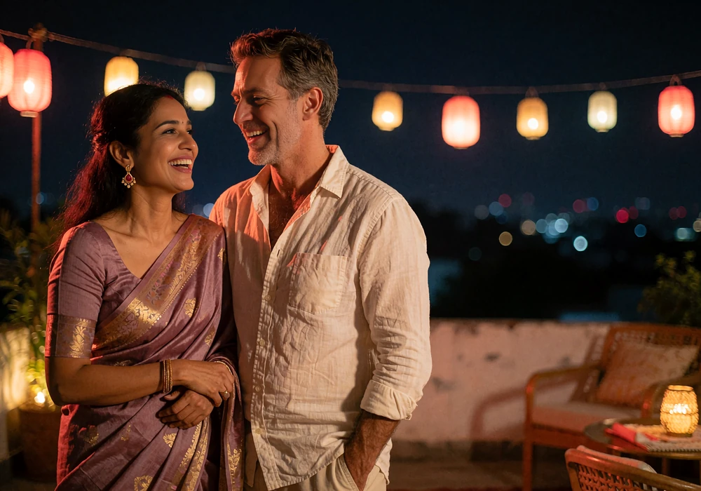 Couple laughing together on a lantern-lit rooftop terrace at night after meeting through a Bangladeshi dating site