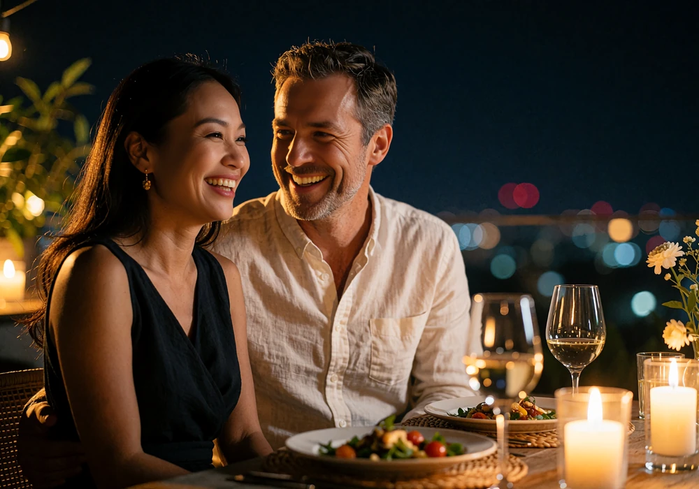 Couple laughing together at a rooftop dinner table at night after meeting through an Indonesian dating site
