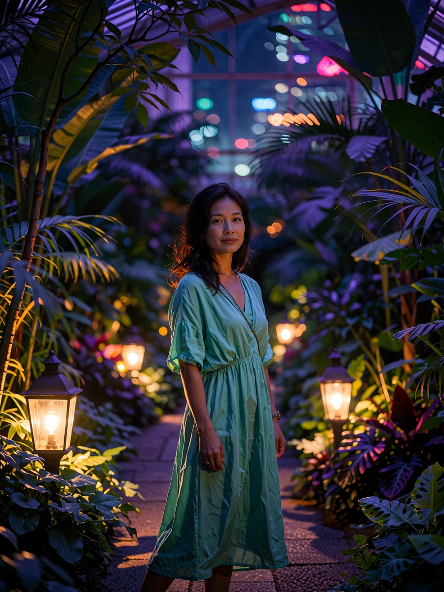 Singaporean member in a jade midi dress standing among tropical foliage in a lantern-lit garden conservatory at night