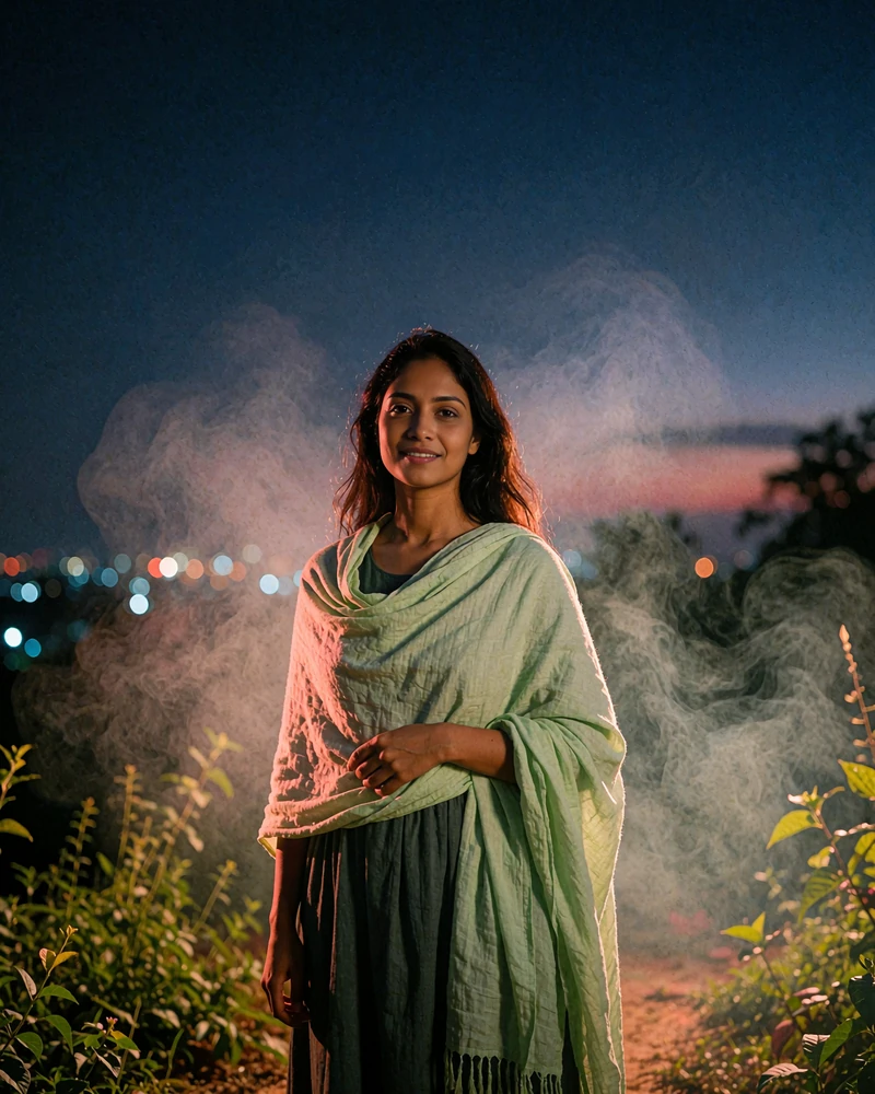 Bangladeshi member in a pale green shawl standing on a balcony at dusk