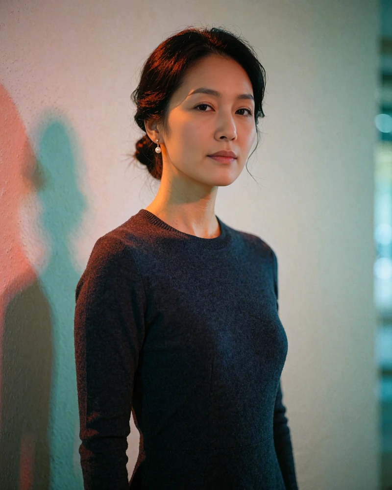 Poised portrait of a woman of Korean heritage in a charcoal knit dress in a minimal gallery corridor, a verified member on this North Korean dating app