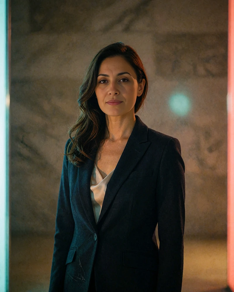 Uzbek member in a tailored dark blazer standing confidently in a modern lobby
