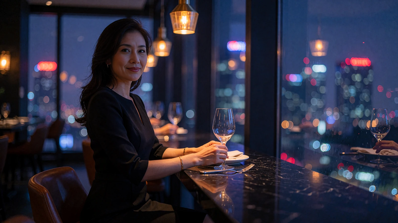 Elegant Singaporean woman seated at a fine-dining window table above the city, illustrating Singaporean dating culture and evening date settings