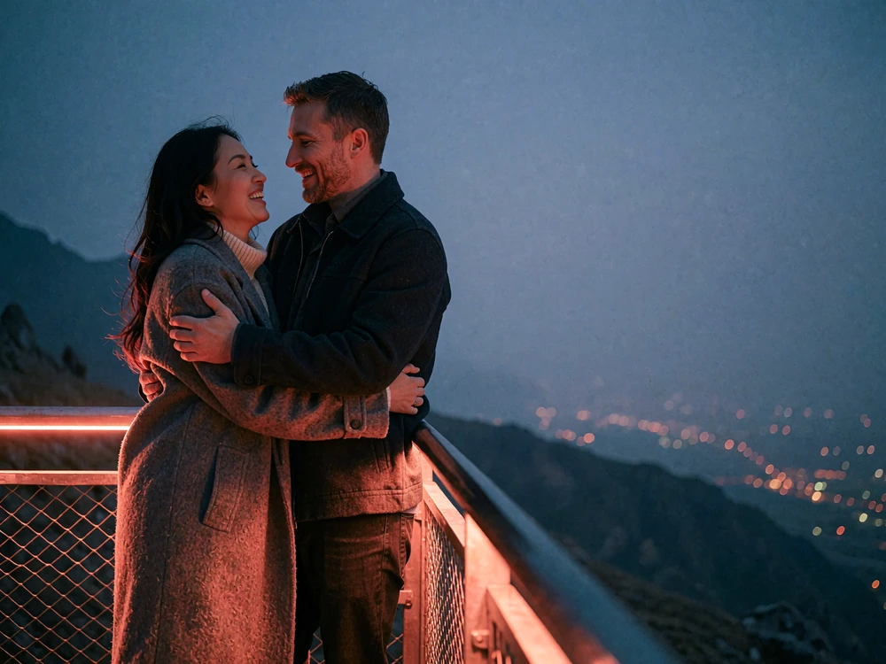 Couple laughing together at a lit overlook terrace at dusk with mountain ridges behind them after meeting through a Kyrgyz dating site