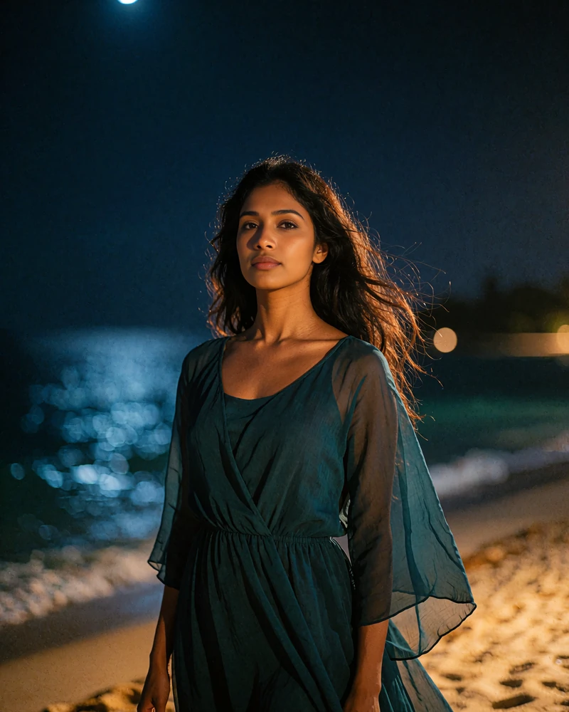 Sri Lankan member in a dark teal dress on a beachfront terrace after sunset
