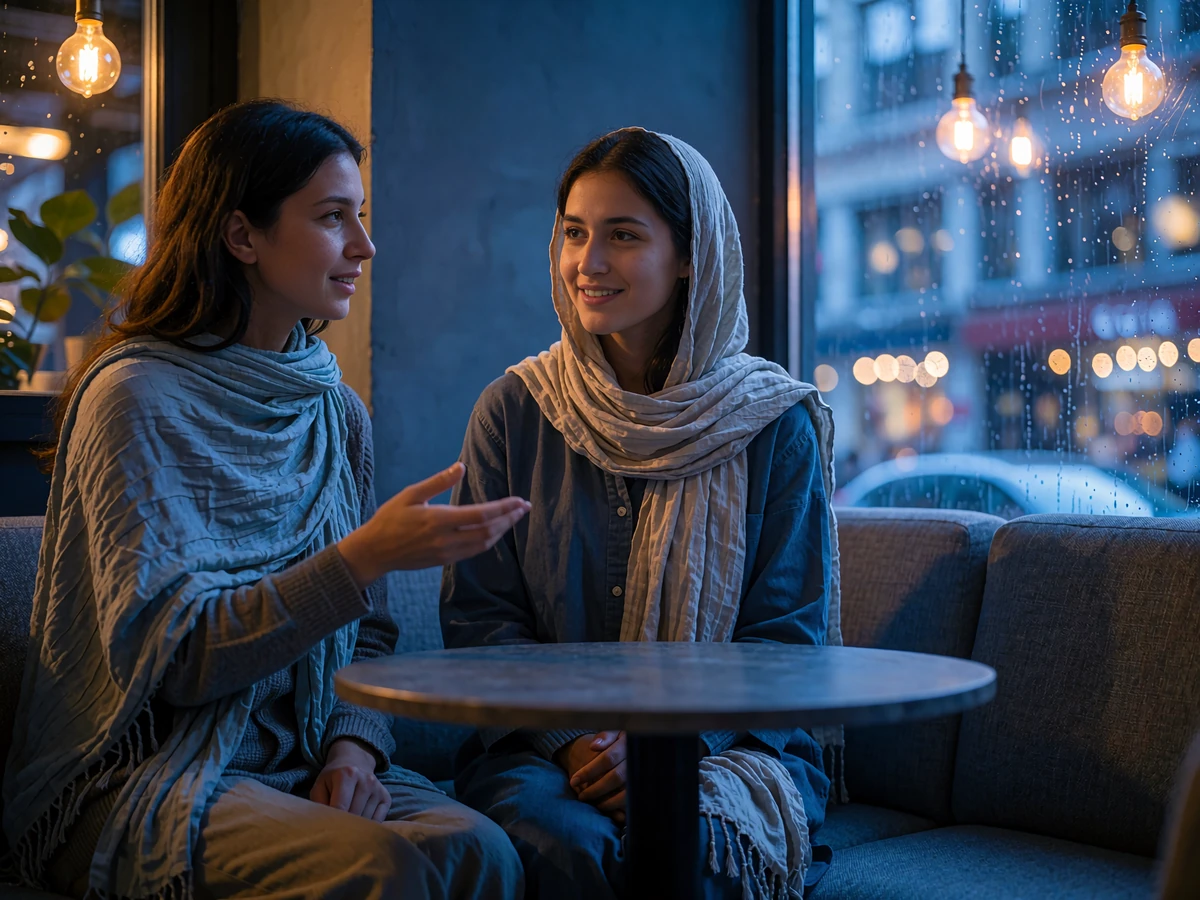 Two Afghan women in modest contemporary clothing talking warmly at a small café table in the evening