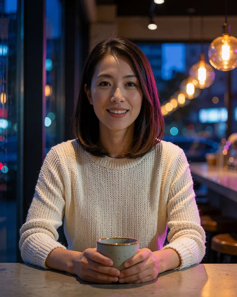 Taiwanese member in a cream knit top seated at a minimalist café counter in Taipei