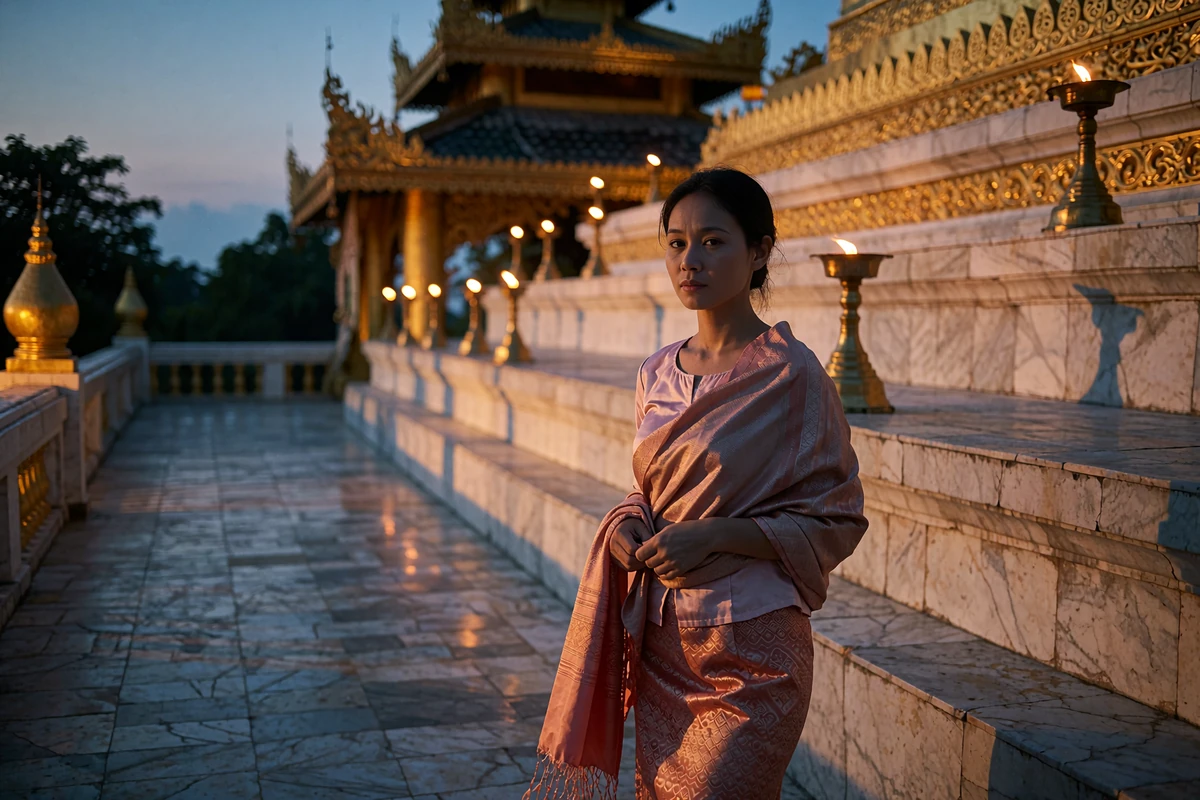 Burmese woman walking along a golden pagoda terrace at dusk, reflecting traditional values in Burmese dating culture