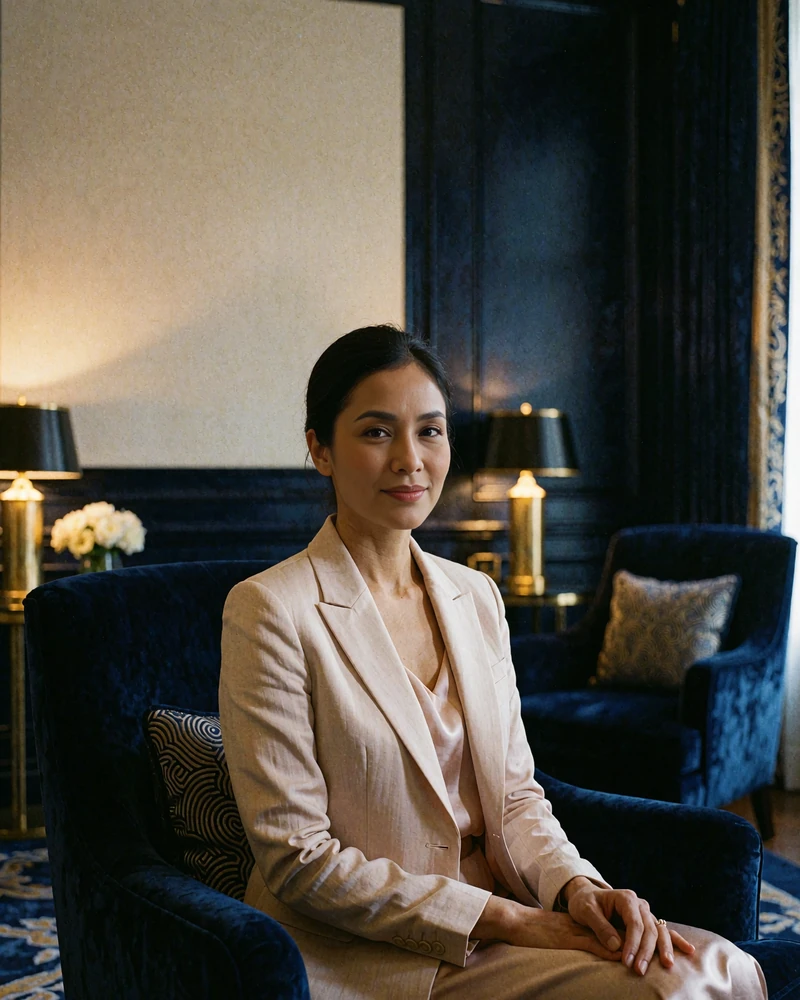 Bruneian woman in a blush blazer seated in a velvet armchair in a luxury hotel lounge