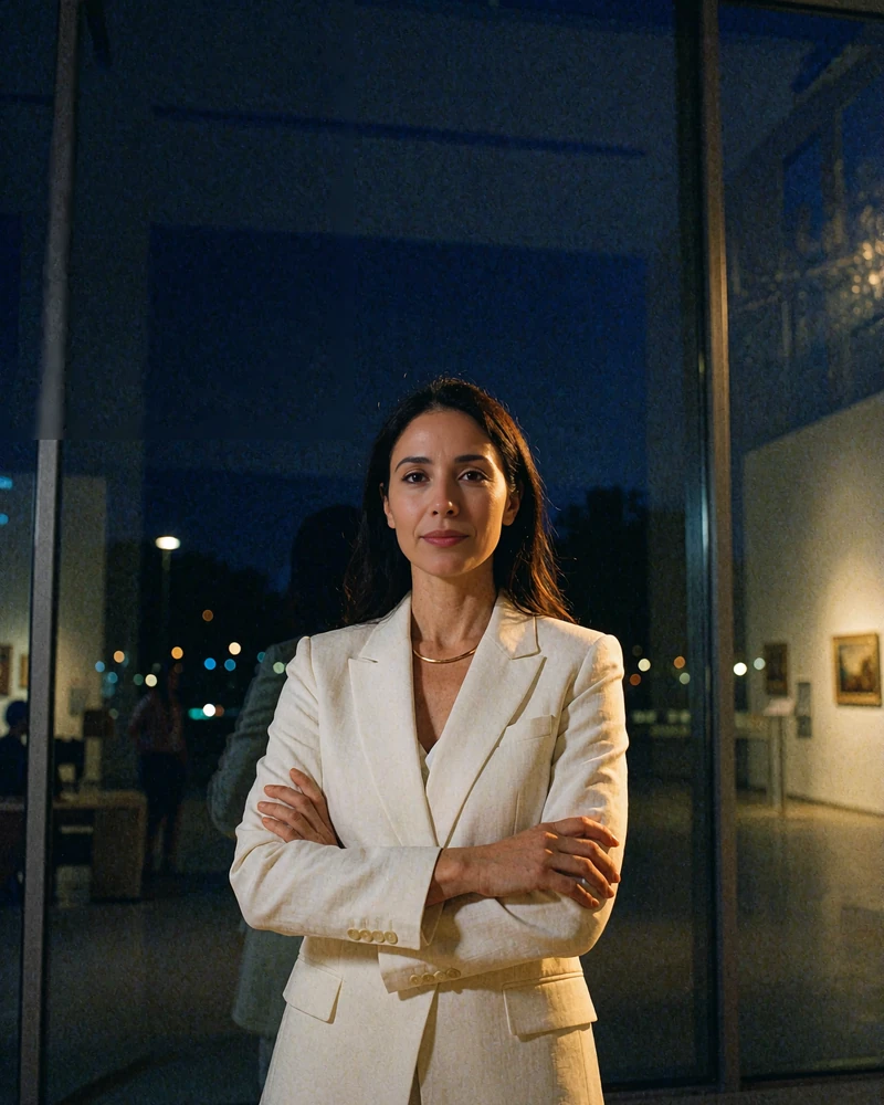 Jordanian member in an ivory blazer standing in a modern gallery atrium at night