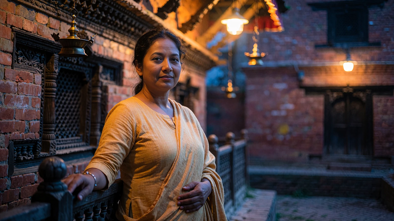 Poised Nepali woman in a saffron-toned kurta standing in a brick temple courtyard at evening, illustrating Nepali dating culture