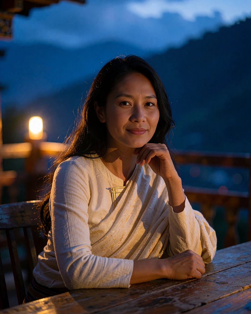 Bhutanese member in a cream blouse and woven shawl seated at a wooden mountain-lodge terrace table
