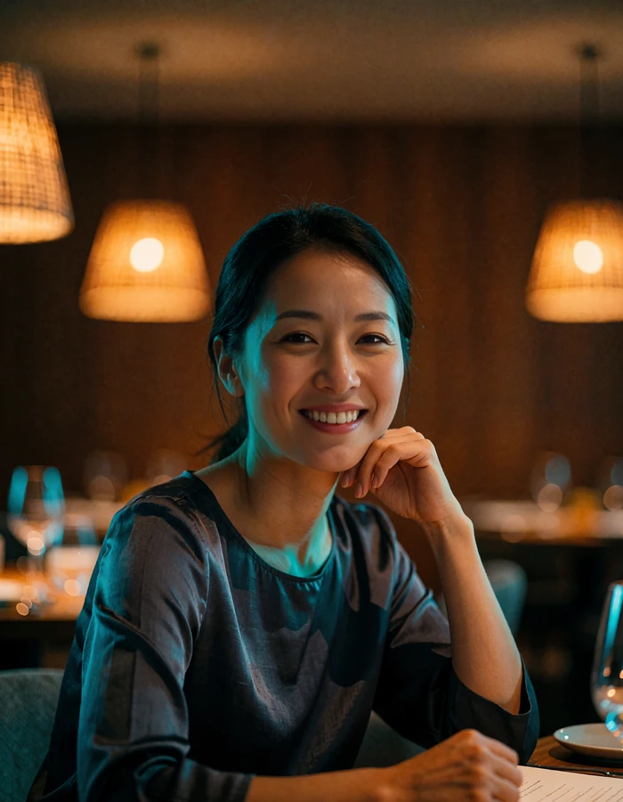 Smiling Asian woman at a fine-dining restaurant, illustrating an AsianDating match preview