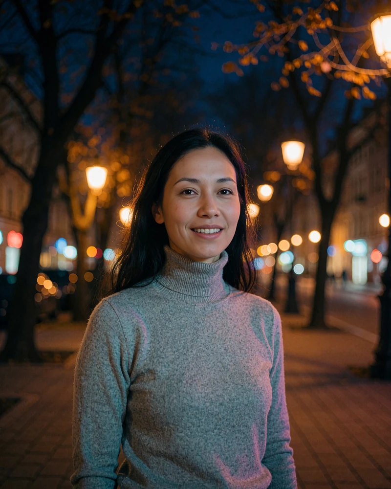 Kyrgyz member in a grey turtleneck standing on a tree-lined boulevard at dusk