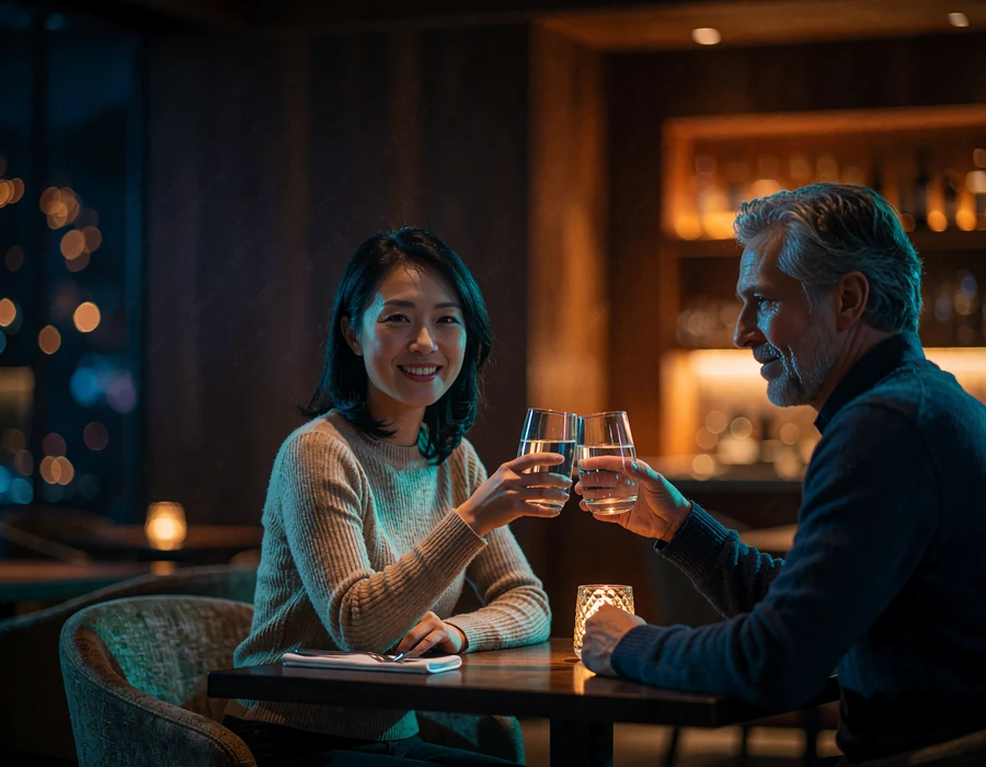 Couple sharing a quiet toast at an upscale restaurant table after meeting online