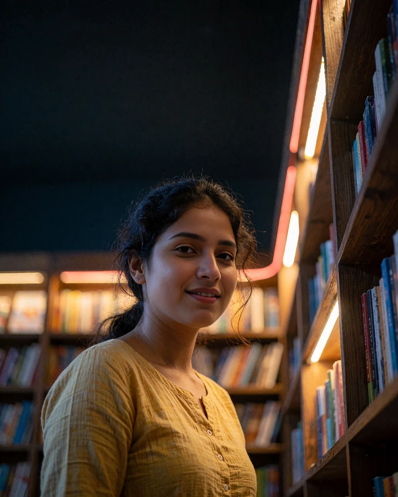 Bangladeshi member in a mustard kurta smiling among bookshelves in a quiet bookshop